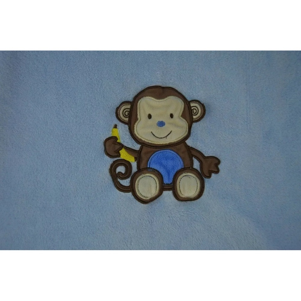 Cutie Pie Monkey Baby Blanket Holding Banana Blue Brown Tan Yellow